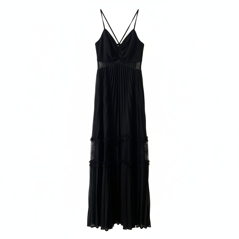 NWT Spaghetti Strap Peplum Maxi Dress w/ Lace & Corset Back, Black, Romantic